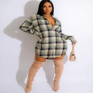 Women'sPlaidPrintButtonFrontShirtDress,CasualDropShoulderLongSleeveCollaredShortDressforSpring&Fall,ClothesDailyWear