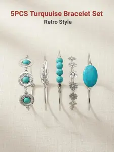 5Pcs Turquoise Bangle Bracelet Set✨Boho Retro Vibe | Silver Tone with Turquoise Accents | Perfect for Stacking, Daily Wear & Gifting