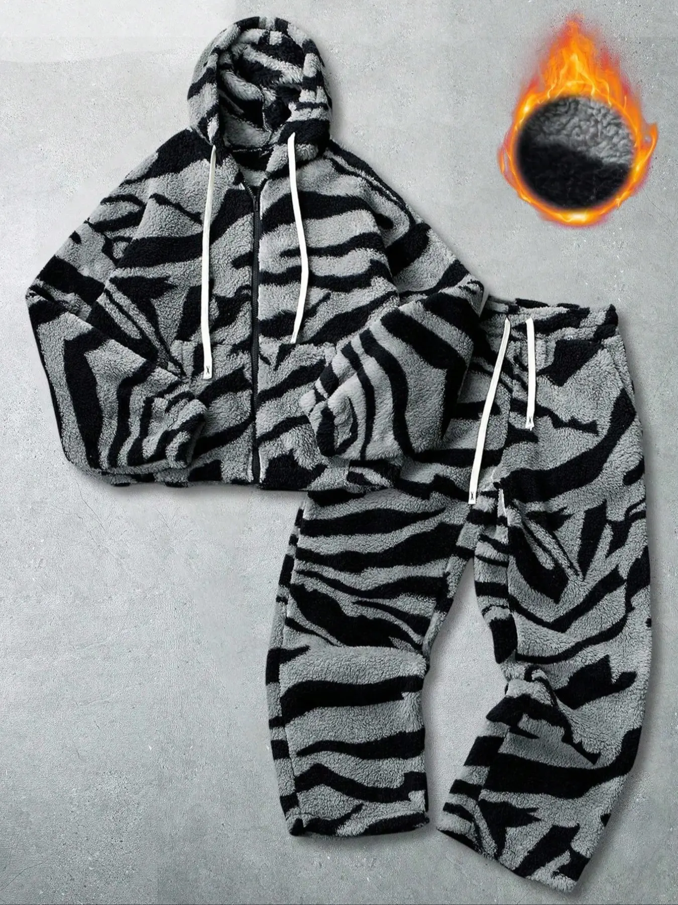 Trendy Retro Zebra Print Lamb Fur Sports Set, Loose Fit Warm Two-Piece with Hoodie Jacket, Street Fashion Couple Style