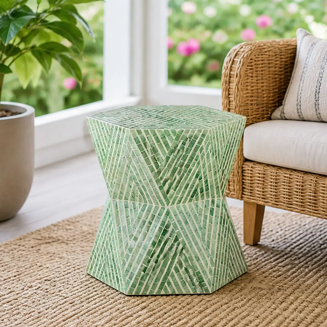 ARCH 19x19x20 Inch Tapered Green Garden Capiz Stool Accent Side Table, MDF Pedestal End Table with Capiz Inlay, Geometric Living Room Bedroom Entryway Decor, Indoor Use Only, Single Box Product, Green Color Options, MDF Material, Color: Green