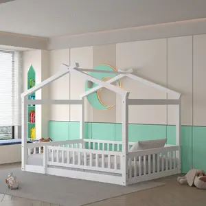 Full Playhouse Bed Frame, Full Floor Bed with Fence Railing, Wooden Full size Bed Frame, No Box Spring Needed, White