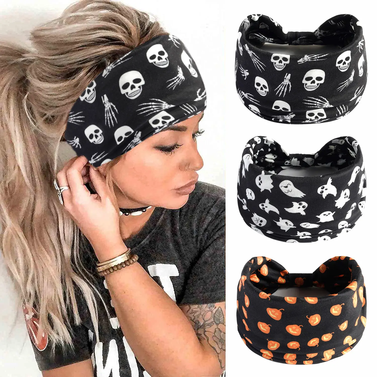 Wide Elastic Holiday Headbands for Women, Halloween Christmas Printed Sweat Head Wrap, Skull Ghost Pumpkin Sports Yoga Hair Band