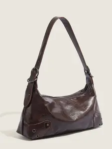 Vintage Motorcycle Style Satchel Bag, Distressed PU Leather, Rivet Decor, Zipper Closure, Colorblock, Casual All Seasons, Shoulder Hobo Bag