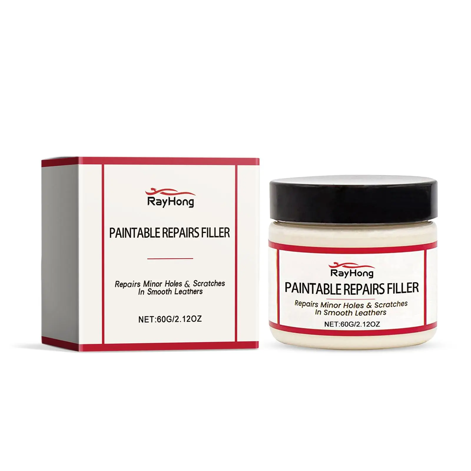 Rayhong Leather Filler Paste, Paintable Leather Repair Cream for Car Seats, Couches, Furniture & Jackets, Fills Scratches, Holes & Cracks in Smooth Leather, 60g/2.12oz