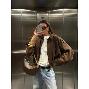 Ladies' retro suede jacket, bomber jacket, brand new regular style artificial leather long-sleeved single-breasted loose and casual short coat, with pockets and metal buttons, suitable for windproof jackets when going out in autum