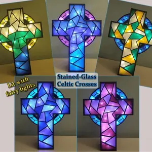 Stained-Glass Celtic Cross (lit with fairy lights)