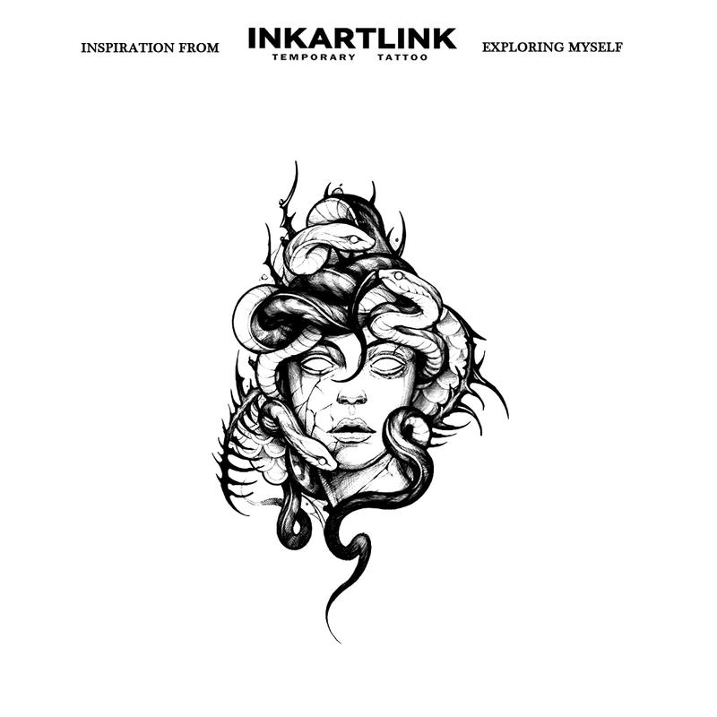 INKARTLINK Tattoo Tech, 2 Sheets Extra Large Semi Permanent Tattoo, Adult Art Design Temporary Tattoos, Lasts 1-2 Weeks, Waterproof, Realistic Look, No Adhesive, No Reflection (Medusa)