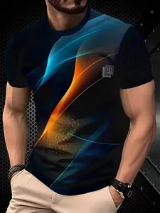 Men's Sport Outdoor Geometric Pattern Printed Short Sleeve Summer Top, Casual Fitted Long Shirt, All Seasons Streetwear, Active T Shirts