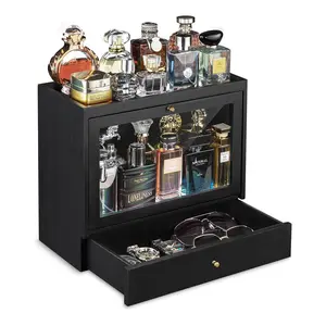 Emfogo Cologne Organizer for Men, 3-Tier Wooden Perfume Stand with Dustproof Acrylic Panel and Drawer, Large Capacity Cologne Display Shelf for Dresser, Black