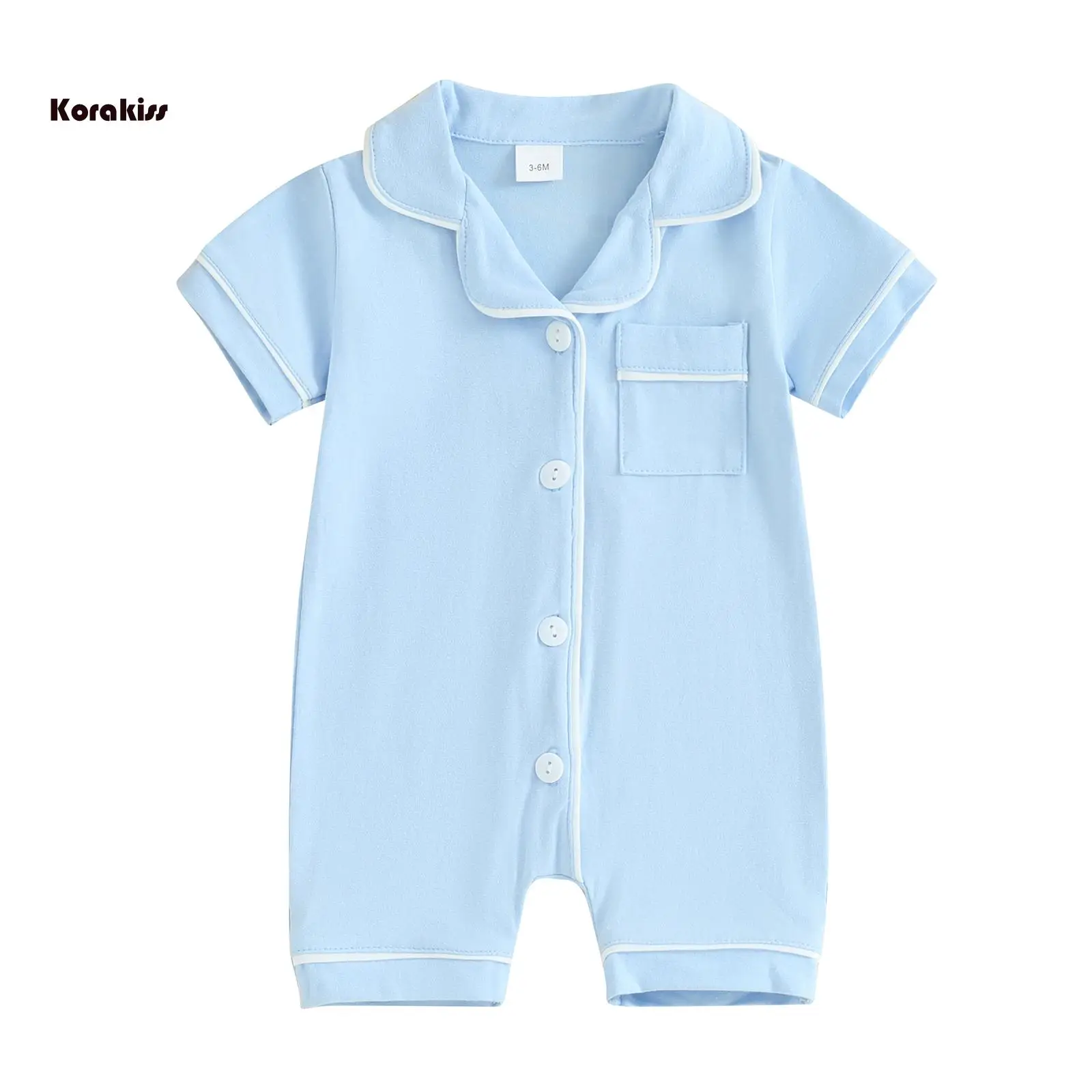 Baby Pajamas Rompers Turn-Down Collar Short Sleeve Sleepwear Buttons Pocket Infant Sleepers Bodysuits