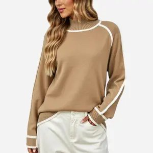 Anna-Kaci Women's Long Sleeve Knit Sweater with Contrast Trim and Mock Neck - X Large, Light Beige