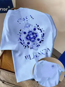 Men's Casual Geometric Print T-Shirt, Casablanca Pattern, Round Neck Short Sleeve, Street Fashion, Soft Polyester Fabric