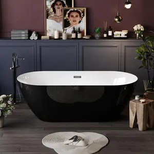 Garvee Freestanding Bathtub, Acrylic, Deep Soaking, Modern Upright Bathtub with Matte Drain and Black Overflow, Durable Double Wall, Freestanding for Bathroom, 67'', White