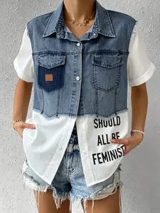 Women's Modest Striped Denim Shirt Jacket, Cute Tops, Collared Long Sleeve Spliced Casual Outerwear, Fake 2-Piece Style Top for Everyday Womenswear
