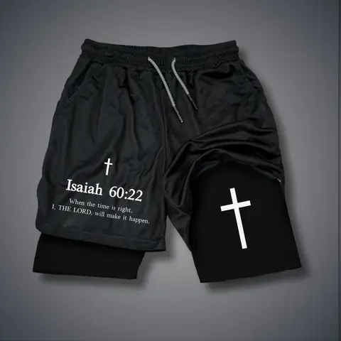 Christian Clothing Double-Layer Sports Shorts Graphic Shorts Black Shorts Camo Shorts Streetwear Shorts Men Outfits Men Short Shorts Vacation Outfits Shorts