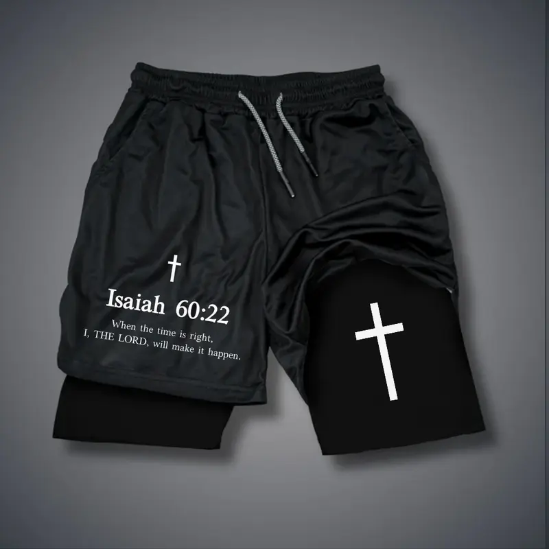Christian Clothing Double-Layer Sports Shorts Graphic Shorts Black Shorts Camo Shorts Streetwear Shorts Men Outfits Men Short Shorts Vacation Outfits Shorts