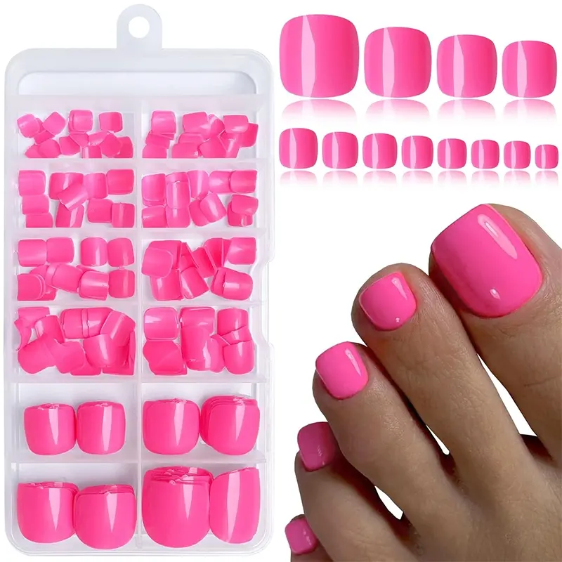 120pc Colored Press on Toenails Full Cover Fake Toe Nails Glossy Short Square False Toenails Women Girls Artificial Pedicure Tips  Artificial Fake Toenails-Hot Pink Diy Nails Nail Design