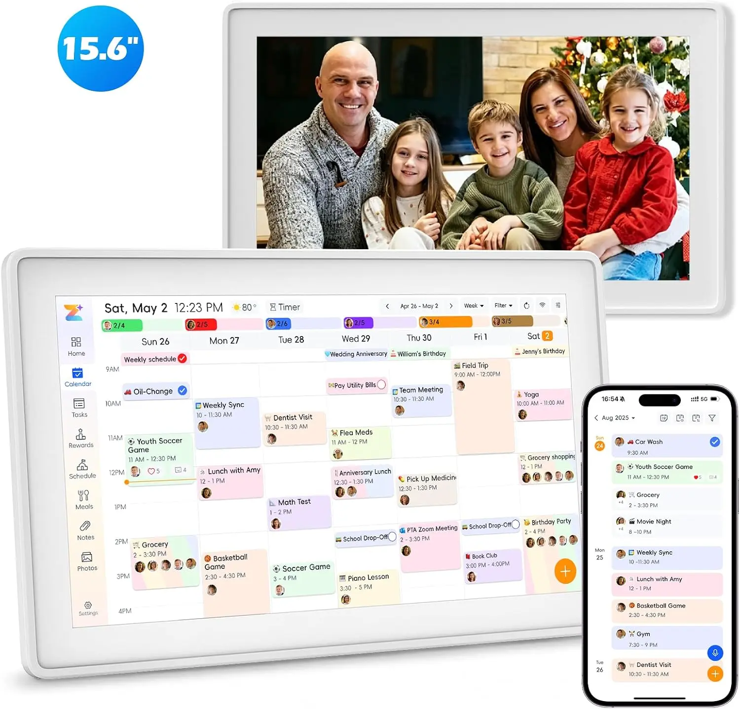 Kinstone 15.6" Digital Calendar, No Subscription Smart Wall Planner, Digital Photo Frame, Interactive Touchscreen Display Auto Sync for Chore Chart, Meal Planner, Task&Reward, Wall & Desk Mountable
