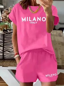 Women's Two-Piece Matching Set, Geometric Short Sleeve Letter Print T-Shirt, Comfortable Casual Wear, Clothes, Ideal for Daily Use, Fashionable and Practical Outfit