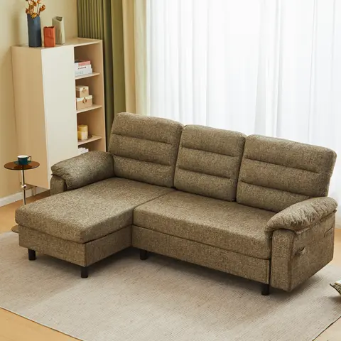 Sweetcrispy L-Shaped Chaise Lounge Sectional Couch - 3-Seat Modular Indoor Lounger, Textured Olive Spill-Resist Fabric, Fixed Arms, Plush Cotton Cushions, Deep-Seat Sleeper, Durable Tufted Back Cradle, Compact Room Fit Living Room Apartment Furniture