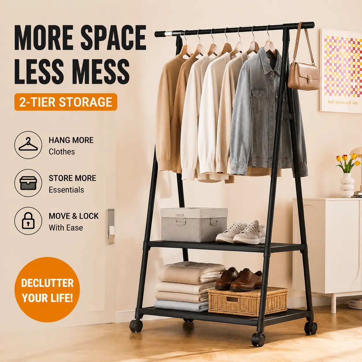 Light-Duty Rolling Clothes Rack with Storage Shelf - Home Bedroom Garment Drying & Organizing Laundry Tool Accessory