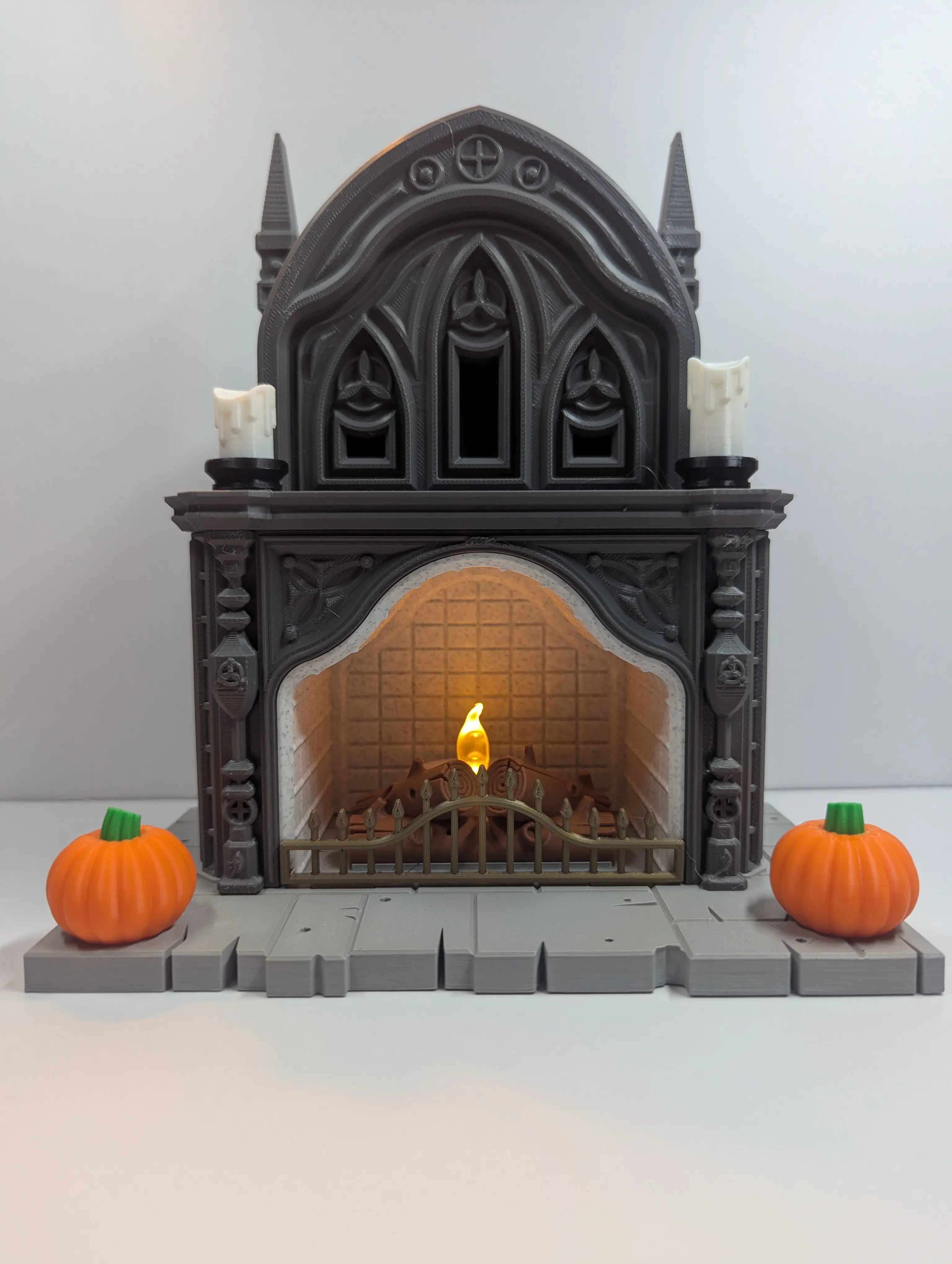 Gothic Halloween Fireplace with LED Flame and Pumpkins - 7" Wide x 4.5" Deep x 8" Tall - Easy Setup - Spooky Charm for Halloween Décor