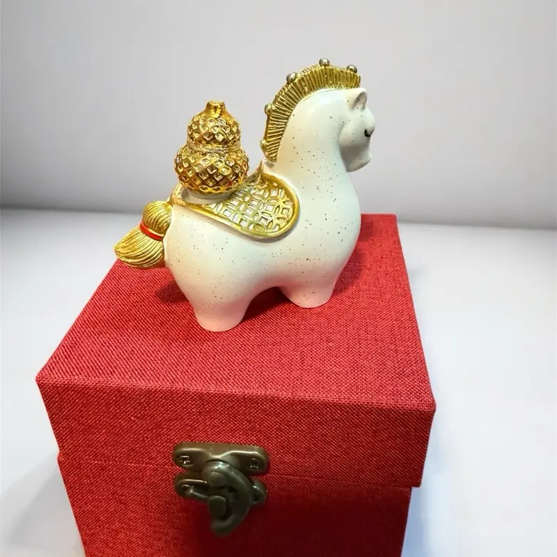 Lucky White Horse Figurine on Red Gift Box – Gold Accent Decorative Keepsake