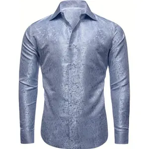 Men'S Floral Solid Print Long Sleeve Button Lapel Tops, Fashion Formal Shirt For Wedding Banquet, Casual Business Occasion Menswear Polyester
