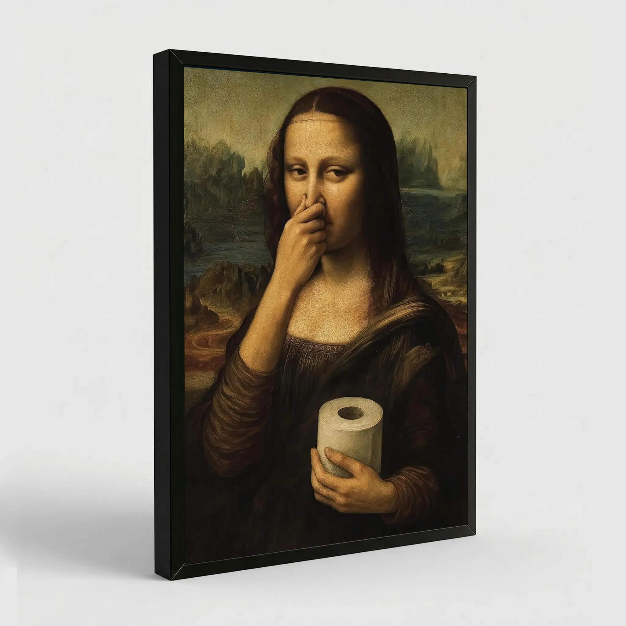 Funny Pinching Nose Mona Lisa Parody Canvas Poster - Eco-Friendly Paper Print, 16x24 Inches/20x30 Inches Vintage Meme Bathroom Wall Art, Funny Decor Novelty Gift for Home Restroom Guest Bath Bar