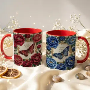 Personalized Butterfly Floral Mug, Vintage Rose Art Coffee Cup