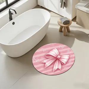 1Pc Cute style large pink bow with small bows in background Circular Bathroom Mat, Flannel Non Slip Round Art Beauty Bath Rug, Circular Thickened Soft Absorb Water Floor Carpet, Microfiber Surface Memory Foam Cushi, Water absorbent mat