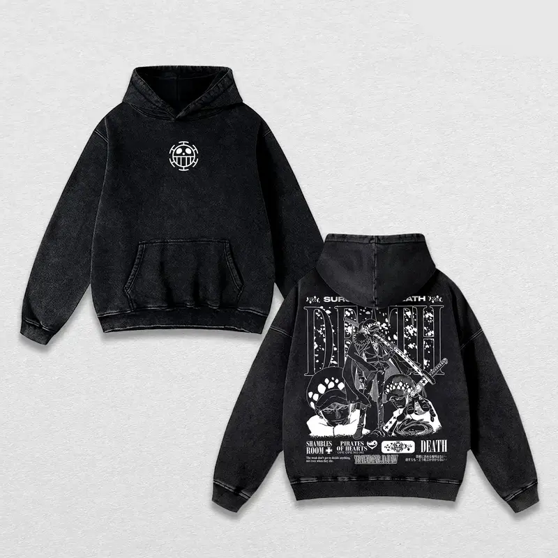 Trafalgar D. Water Law Tee Washed / Hoodies – Trafalgar Law One Pieceee Vintage Washed Oversized Heavy Cotton Anime Manga T-Shirt & Hoodie, Double Printed Retro Unisex Streetwear Graphic Top, Surgeon of Death Edition, Anime Merch for Fans
