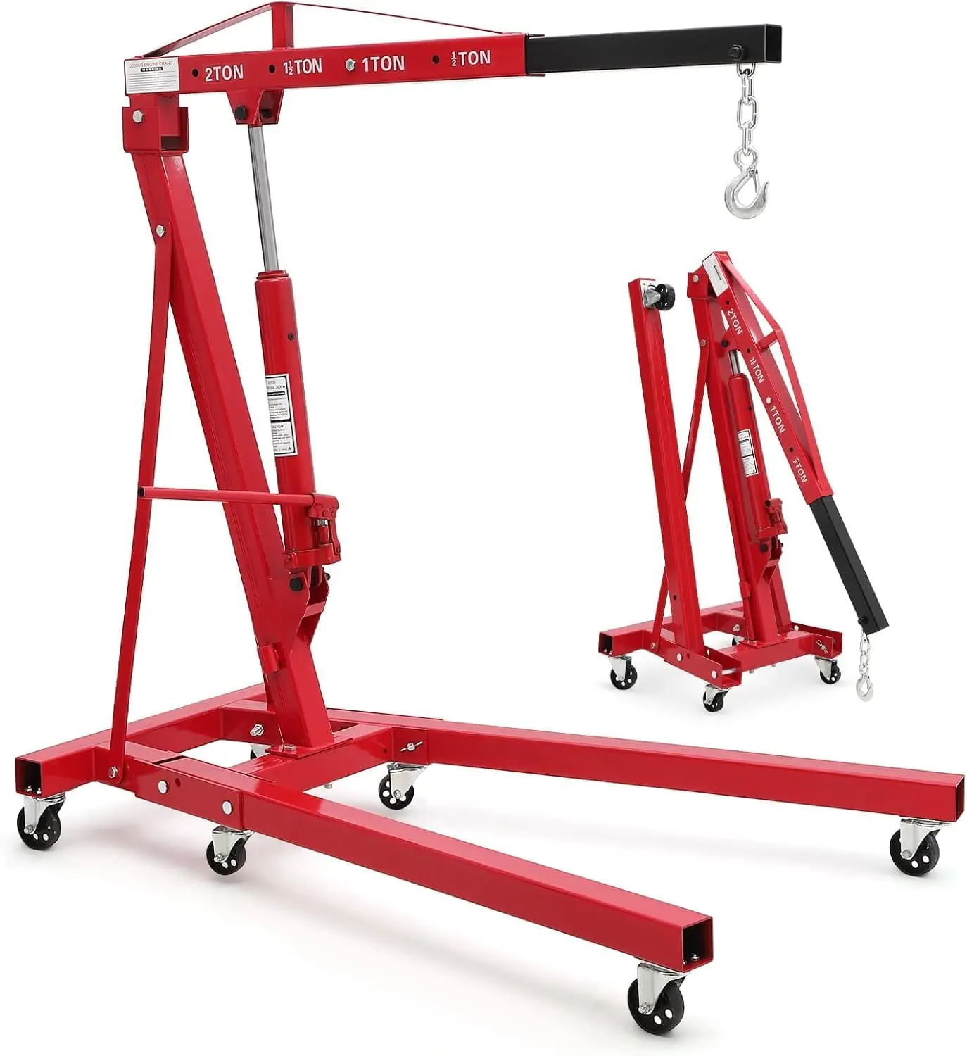 1.2-Ton Folding Hydraulic Engine Hoist with Load Leveler (44 lbs Capacity), Cherry Picker, 360° Swivel Casters (6 Pcs), Hydraulic Pump, 4 Adjustable Boom Positions (0.5T-1.2T), Axles, Heavy-Duty for Garage & Workshop Automotive Car Repair Tools (Red)