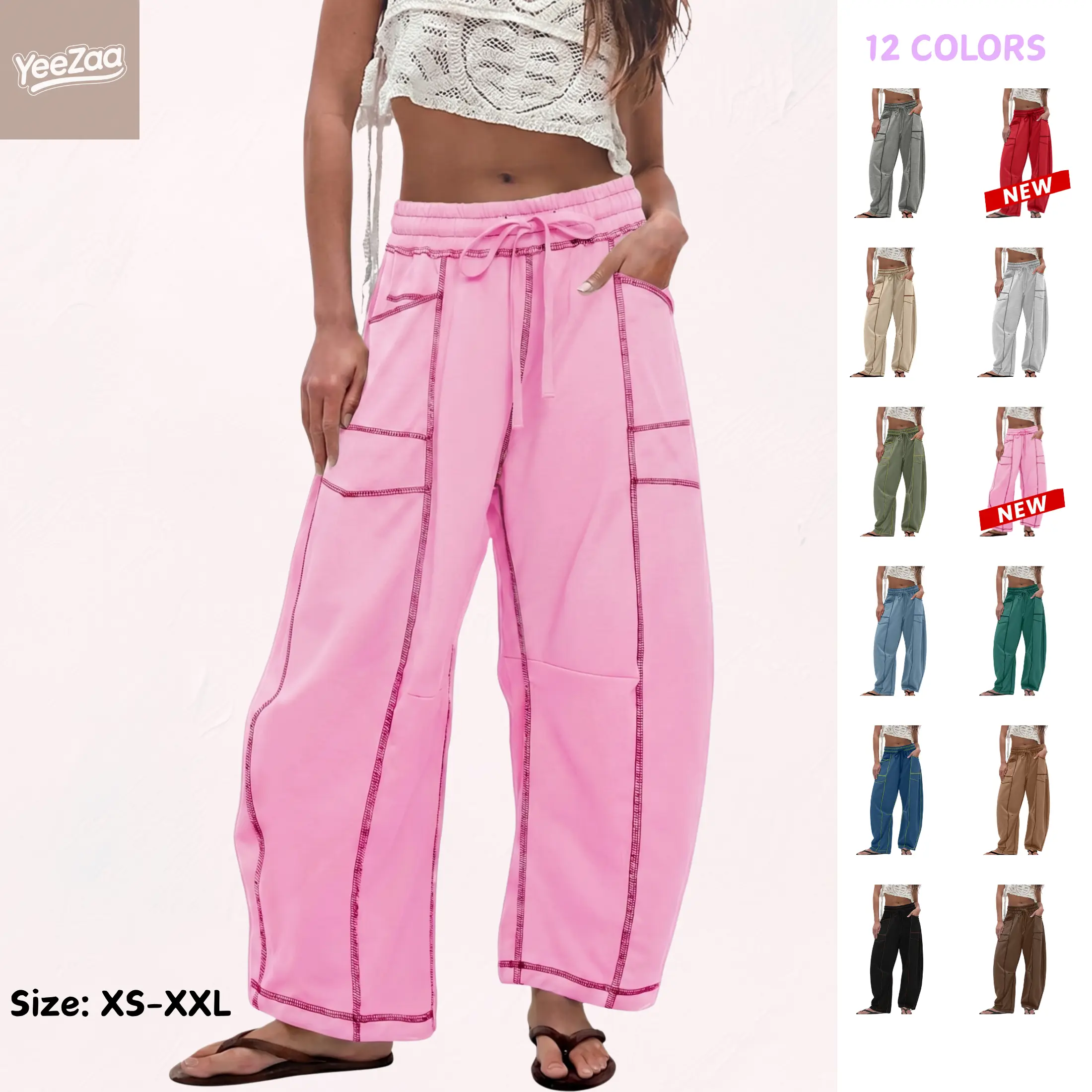 YeeZaa Women Drawstring Barrel Sweatpants 2026 Spring Summer High Waisted Patch Pockets Wide Leg Solid Baggy Pants Smocked Elasticated Waistband Lounge Womenswear 2026 Fall Fashion Bottom Style Wideleg Clothes