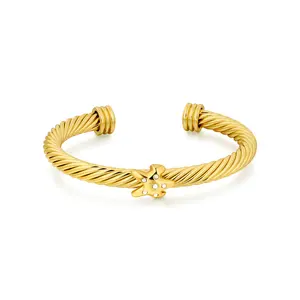 Aprilery Sparkling Starfish Twisted Golden Cuff Jewelry – With Zircon Accents