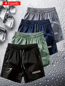 4 Pcs Outdoor Casual Ice-Feel Shorts, Daily Commute Wear, Trendy Sporty Style, Gymshark Simple Letter Print, Comfortable Unisex Set