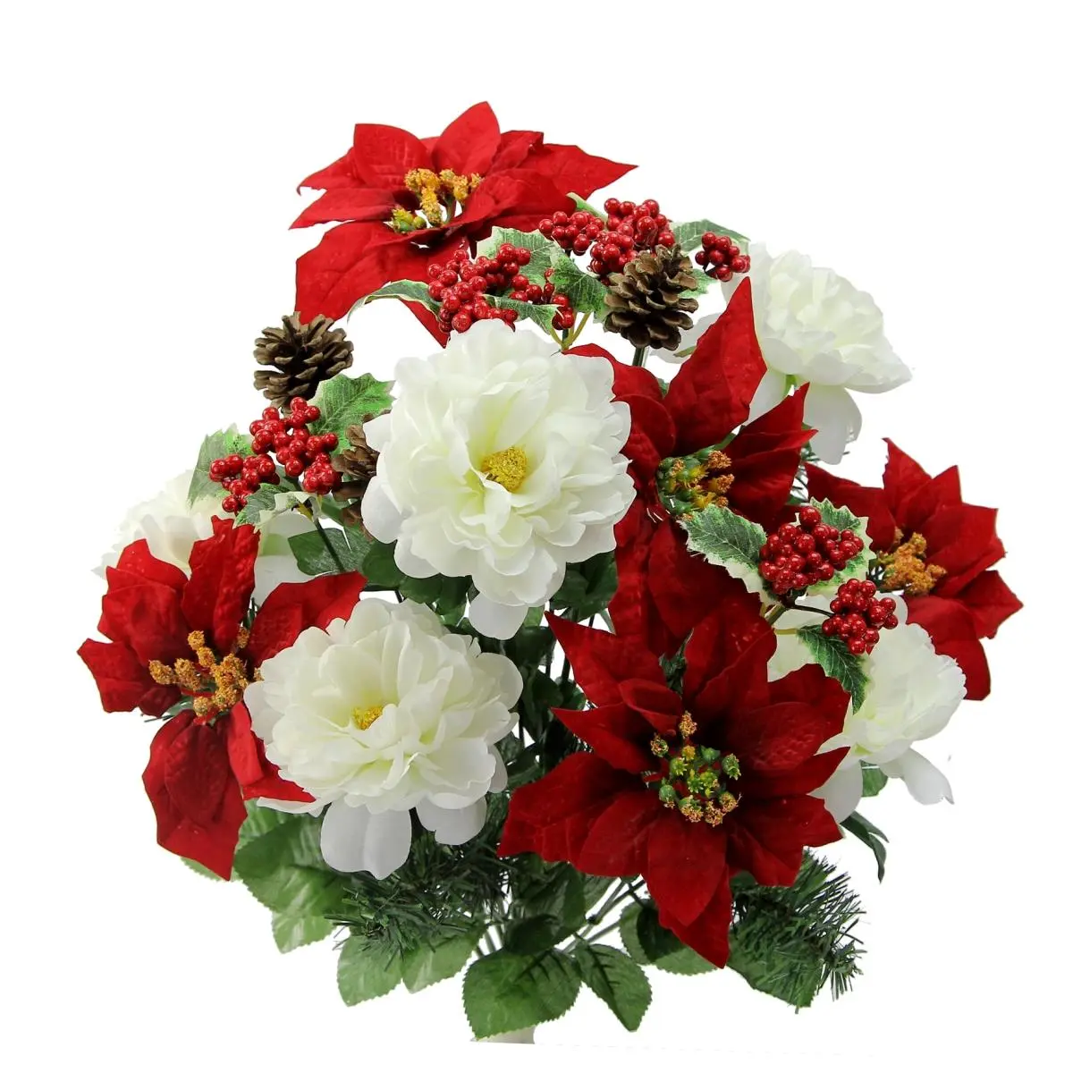 212 MAIN GPB6816-RD-CM PVC 18-Stem Faux Velvet Peony Poinsettia Christmas Bush - 22x14x7in Decorative Faux Flowers with Berries & Pine, Indoor Decor, Home Holiday Table Centerpiece Gift for Arrangements
