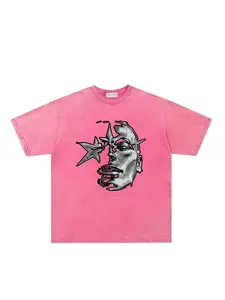American Vintage Retro Dark Street Style Heavy Washed Tie-Dye Star Angel Print T-Shirt, Unisex Summer Fashion Casual Short Sleeve Tee, Graphic Tees, Streetwear