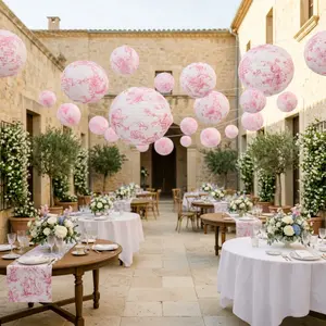 Set of 8 Hanging Paper Lanterns French Toile White with Pink Floral Pattern, Decorative Lanterns - 6", 8", 10", 14"