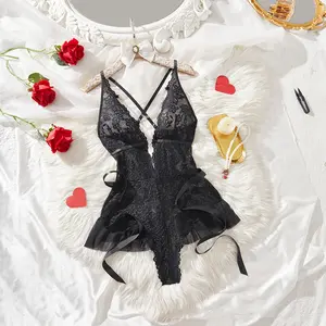 AgeRose Women's One-piece Sleepwear Sexy Deep V Neck Strapless Bodysuit Elegant Vneck Sleepwear Babydoll Soft High Elastic Lace Floral Patchwork Lingerie Set New Year Gift Valentine's Day Gift