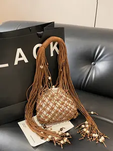 1pc Boho Macrame Fringe Shoulder Bag for Women, Handwoven Beaded Net Tote with Drawstring Lining, Summer Beach Woven Hobo Handbag