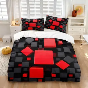 Cyber Neon Red Black Giant 3D Cube Duvet Cover Set, 1 Duvet and 1-2 Pillows Without Core, Visual Impact Geometric Design, Comfortable Softness, Personalized Trend Gaming Room Bedroom Decor for Teens