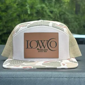 Lowco Threads Richardson 168P Camo 7-Panel Snapback Trucker Hat - Seven- Panel Trucker Cap - Front Logo Leather Patch