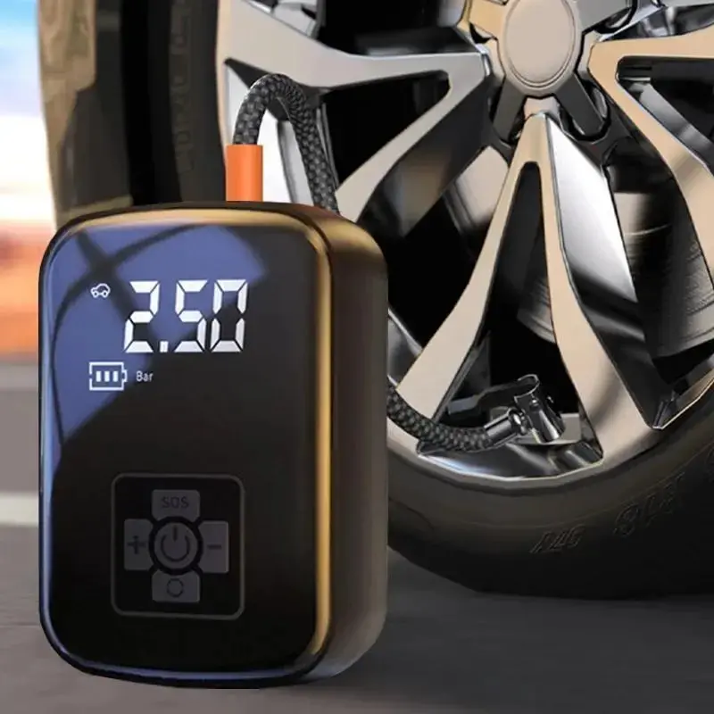 A portable wheel-type inflator, cordless air compressor, with a digital display and long-lasting lithium battery, featuring a multi-function nozzle adapter, suitable for car, motorcycle, and bicycle tires, balls, and car accessories.