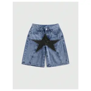 Women's Star Print Low Rise Denim Shorts Y2K Straight Leg Bermuda Jean Shorts Streetwear