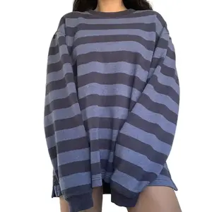 Women's loose striped shirt with round neck and oversized striped print top, pullover shirt, fairy plaid, retro T-shirt for teenage girls, 2000s blue casual
