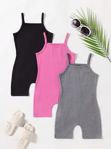 Youthful Girls' Slim-Fit Casual Solid Color Ribbed Strapless Jumpsuit Set, Three-Piece Ensemble for Comfortable Everyday Wear