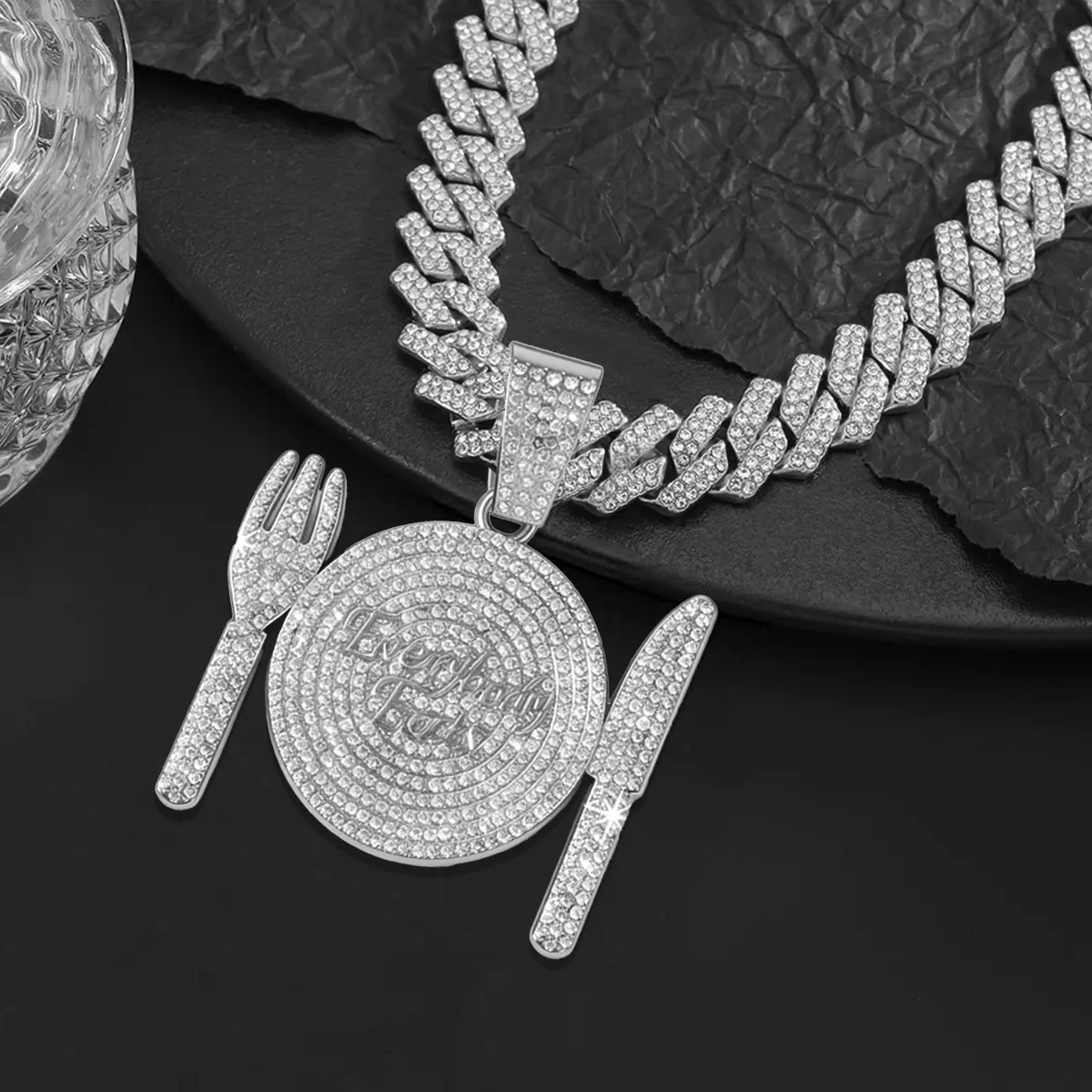 Fork Knife Pendant Necklace Cuban Link Bracelet Set Hip Hop Jewelry Iced Out Diamond Cut for Men Streetwear Accessories Gold Silver