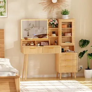 Natural Oak Fluted Vanity Desk with Large HD Illuminated Mirror, 3-Color Dimmable LED Lighting, 5 Spacious Drawers and Adjustable Shelves, Integrated Power Outlet – Modern Dressing Table for Bedroom