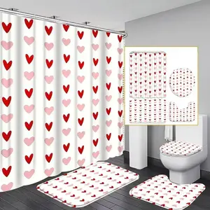 1/4-piece Valentine's Day Cartoon Heart Series Bathroom Shower Curtain and Mat Set, Shower Curtain Sets, includes 12 hooks, non-slip bathroom mat, non-slip toilet U-shaped mat, toilet seat cover, and bathroom partition; perfect for modern home decor